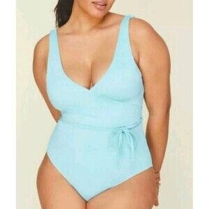 Andie Swim The Belmar One Piece Swimsuit Cablu Blue Belt Shelf Bra Size L NWT